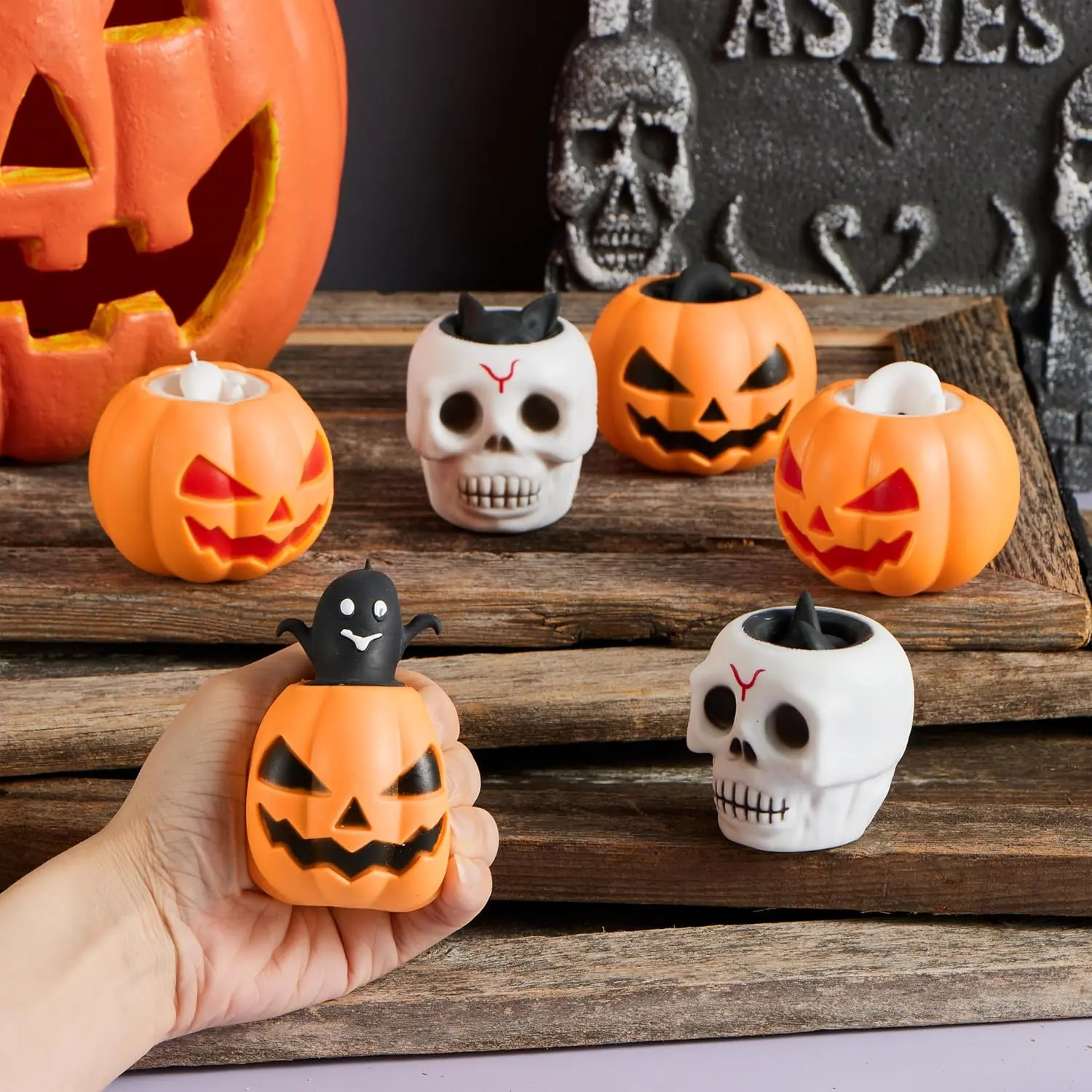 12 PCS Halloween Squishy Toys, Pumpkin Skeleton Squishy Toys for Halloween Party Favor Goodie Bag Fillers, Cute Squeeze Ghost Toy Stress Reliever Anxiety for Gift, Classroom Game Prizes