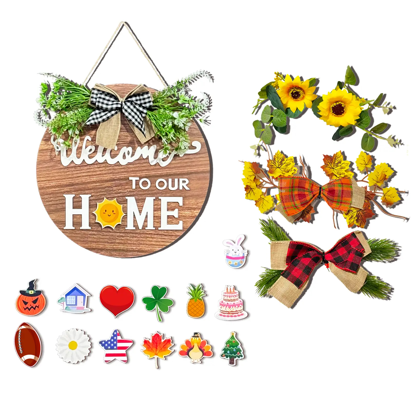 All-Season Front Door Decoration, Wooden Welcome Sign 12x12 Inch Round Hanging Wreath for Porch, Entryway, and Home Wall Decor, Mothers' Day Halloween Christmas Decor