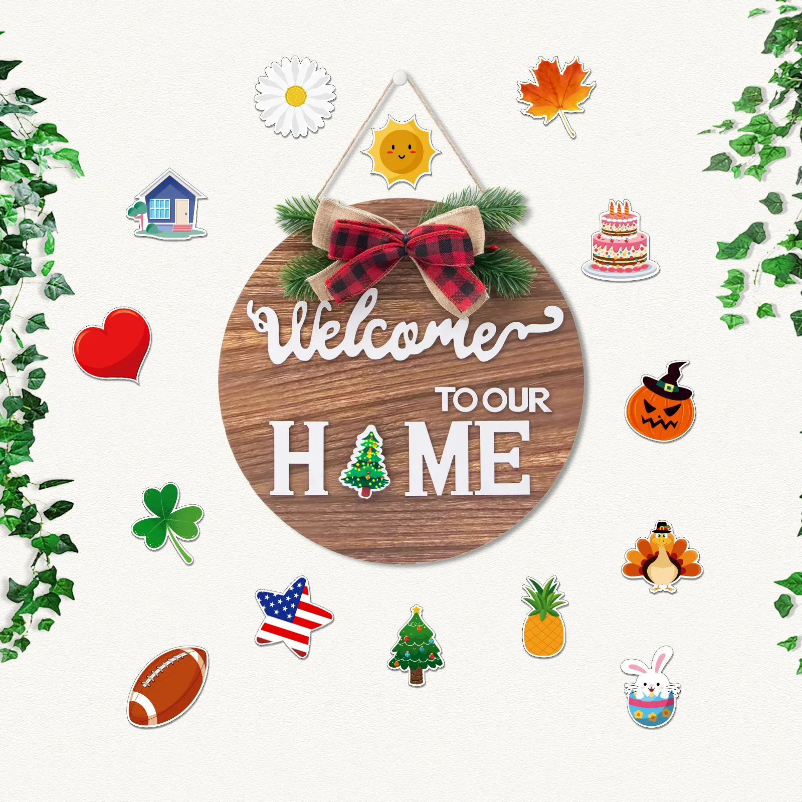All-Season Front Door Decoration, Wooden Welcome Sign 12x12 Inch Round Hanging Wreath for Porch, Entryway, and Home Wall Decor, Mothers' Day Halloween Christmas Decor