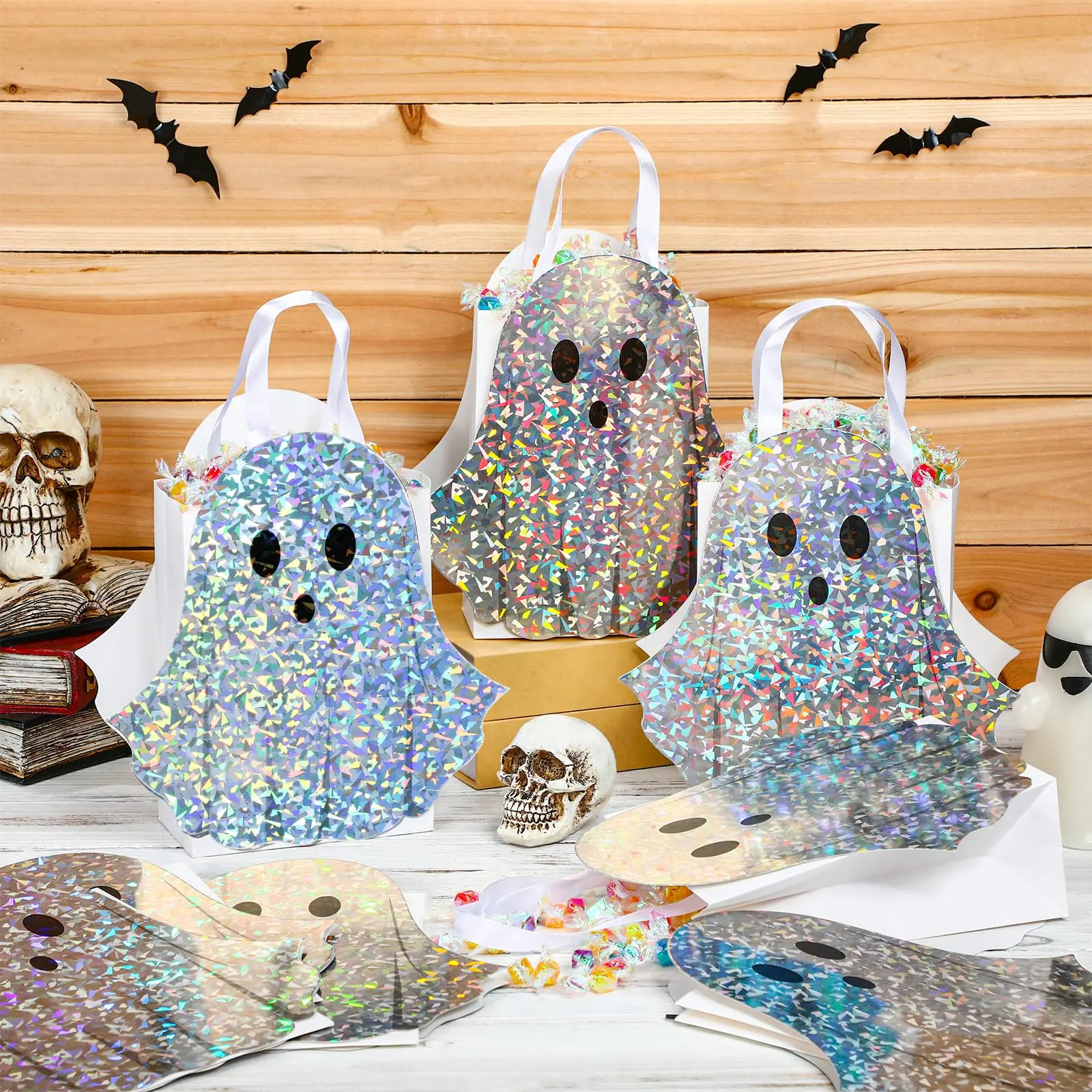 12/24 Pcs Halloween Ghost Candy Bags Paper Gift Bags with Handle Trick or Treat Bags with Cute Ghost Pastel Pink White Holographic Pattern, Snack Goodie Bags for Kids Adults Students Teachers, Halloween Birthday Baby Shower Classroom Party Favors Supplies