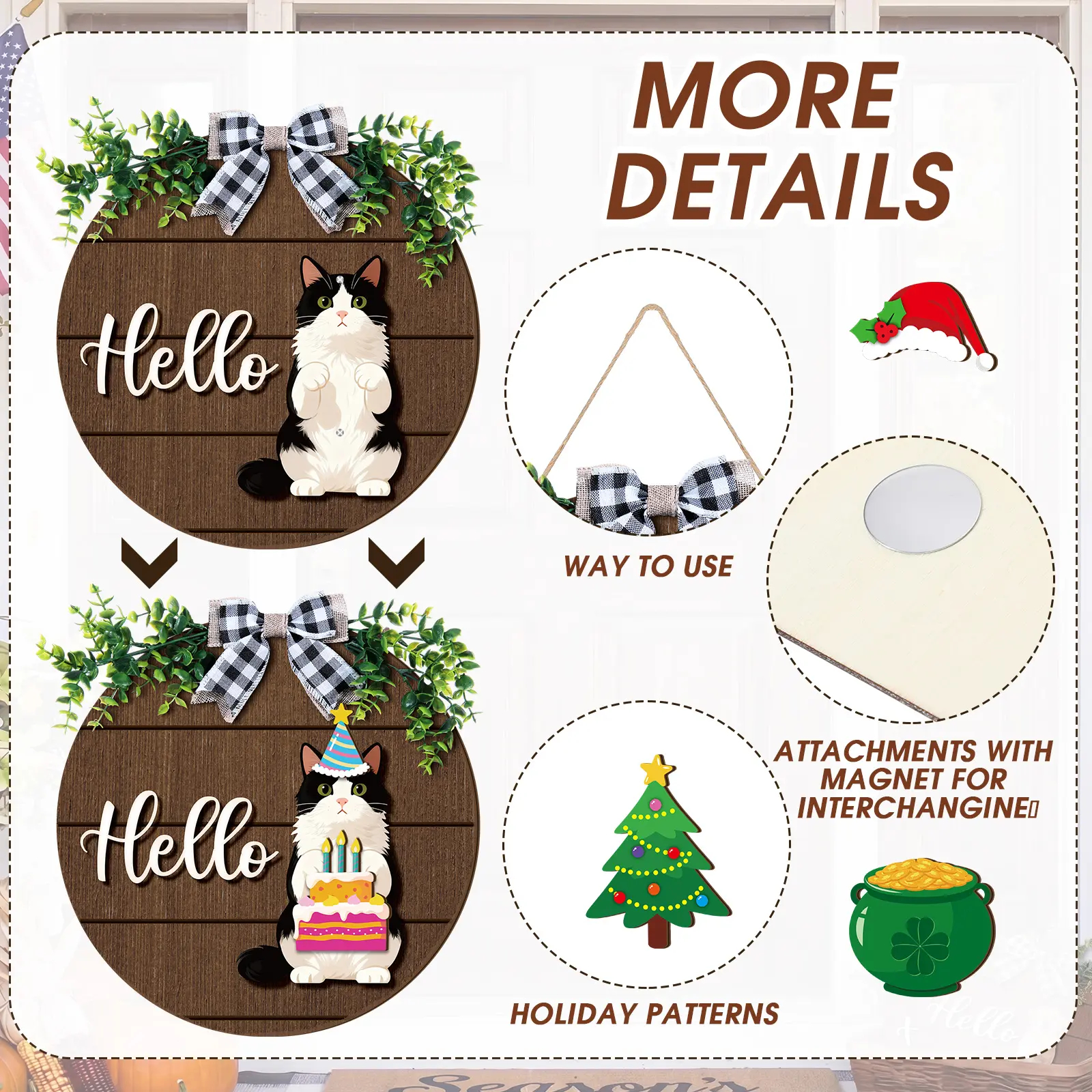 Halloween Cat Sign Interchangeable Welcome Sign Cute Cat and Dog Season Hanging Decor with Magnetic Detachable Hats Round Hanger for Home Wall Garden Porch Door, Housewarming Gift, Gift for Animal Cat Lover