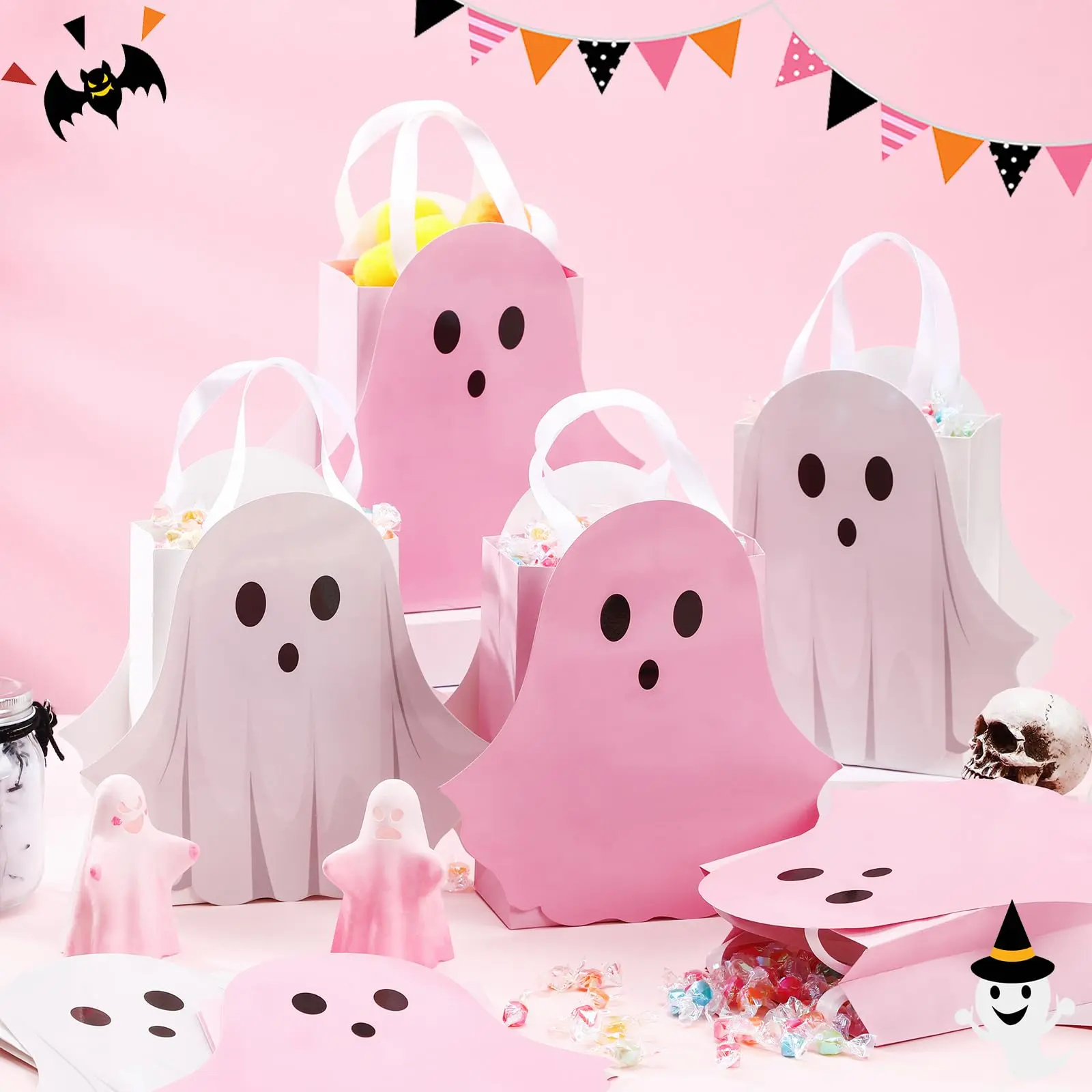 12/24 Pcs Halloween Ghost Candy Bags Paper Gift Bags with Handle Trick or Treat Bags with Cute Ghost Pastel Pink White Holographic Pattern, Snack Goodie Bags for Kids Adults Students Teachers, Halloween Birthday Baby Shower Classroom Party Favors Supplies