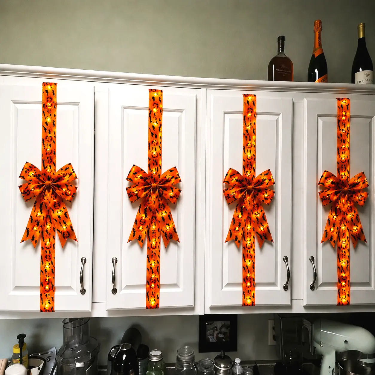 Holiday Halloween Cabinet Door Fringe Lime Red Large Bow Wreath 79 x 2.4 Inches Polyester Fiber AAA Batteries  Festive Home Decoration