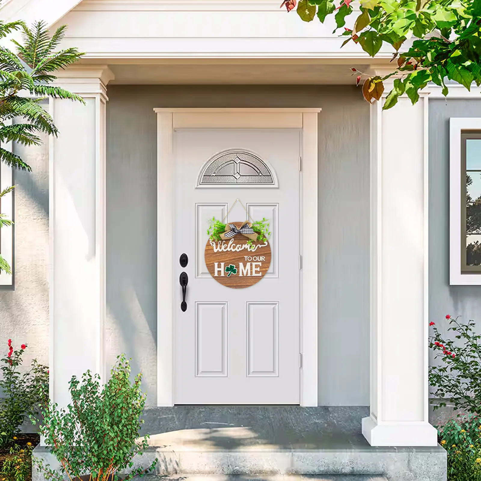 All-Season Front Door Decoration, Wooden Welcome Sign 12x12 Inch Round Hanging Wreath for Porch, Entryway, and Home Wall Decor, Mothers' Day Halloween Christmas Decor