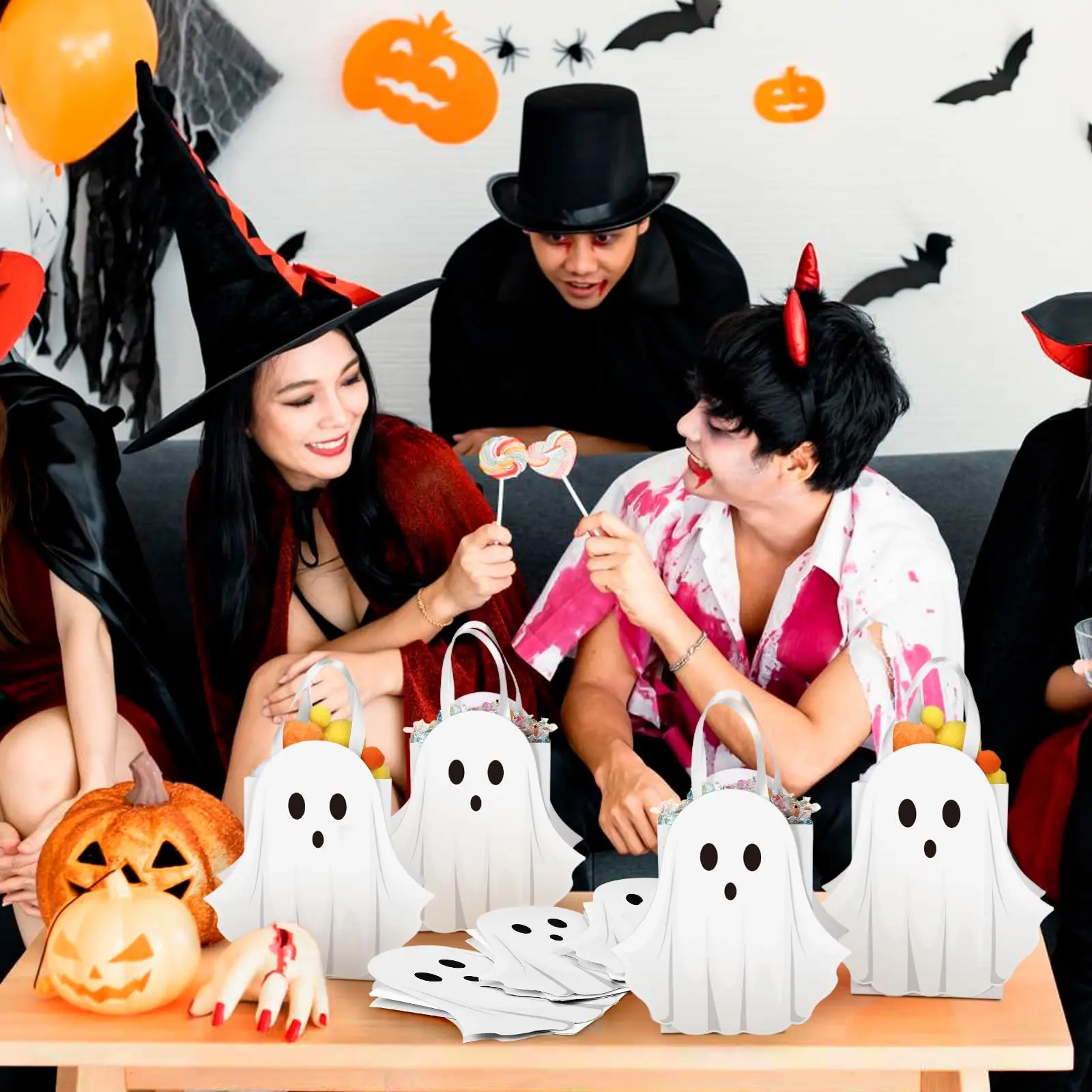 12/24 Pcs Halloween Ghost Candy Bags Paper Gift Bags with Handle Trick or Treat Bags with Cute Ghost Pastel Pink White Holographic Pattern, Snack Goodie Bags for Kids Adults Students Teachers, Halloween Birthday Baby Shower Classroom Party Favors Supplies