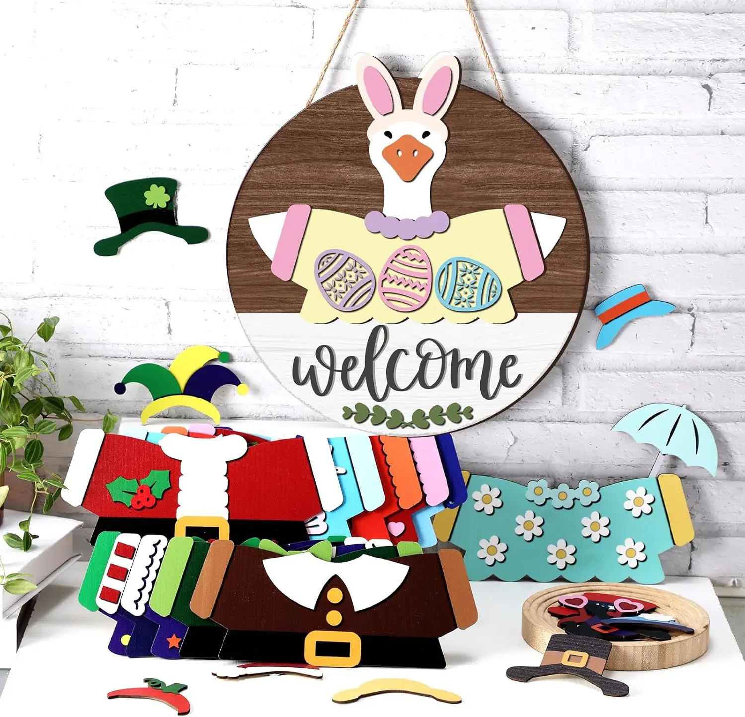 Magnetic Interchangeable Goose Sign - Rustic Farmhouse Wooden Welcome Decor, Halloween Things for Front Door Porch Accessories, House Decor Entryway Hanging Housewarming Gift, Wall Hanging