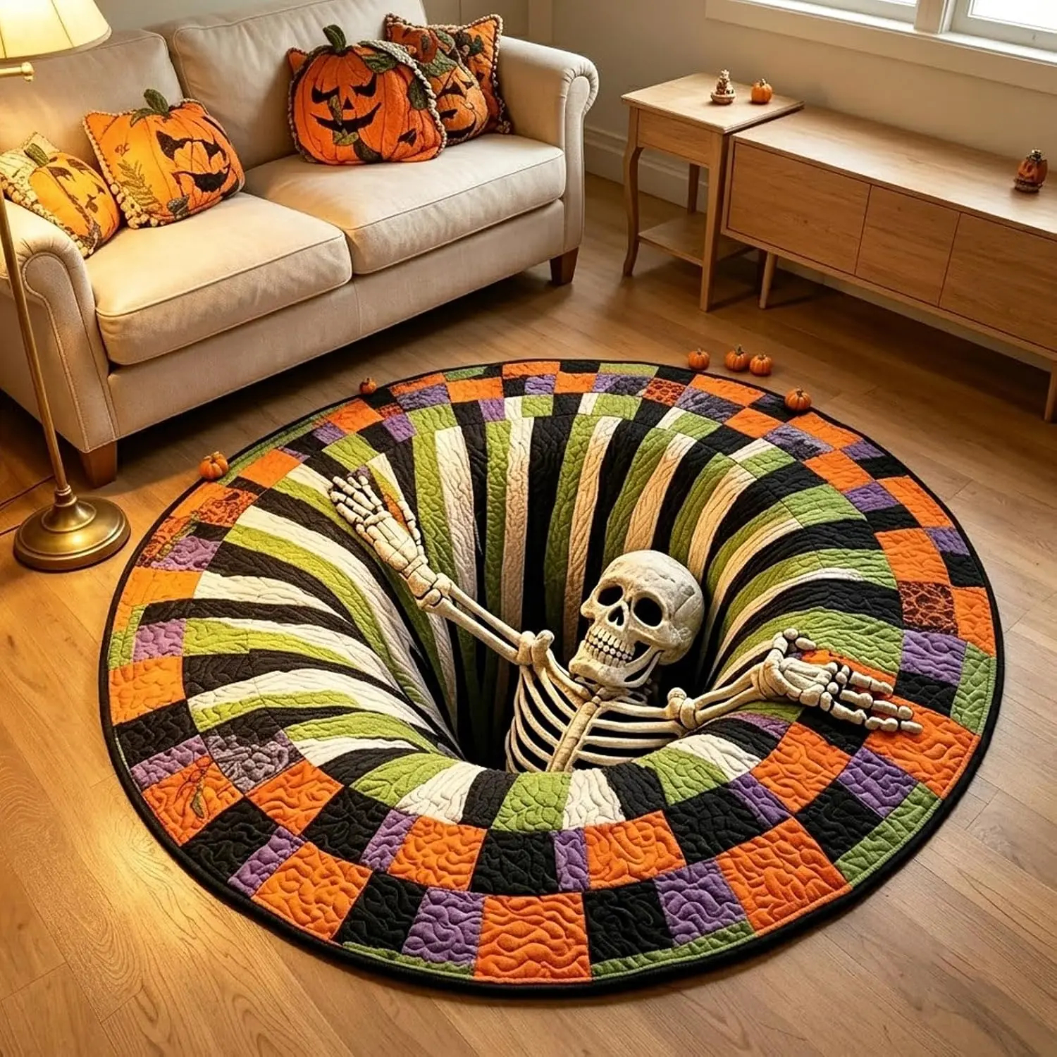 Halloween 3D Skeleton Vortex Optical Illusion Round Rug, Multi-Size A1:16" Quilted Mat - Soft Non-Slip Fabric Indoor Halloween Decor, Living Room Decorations for Home Use