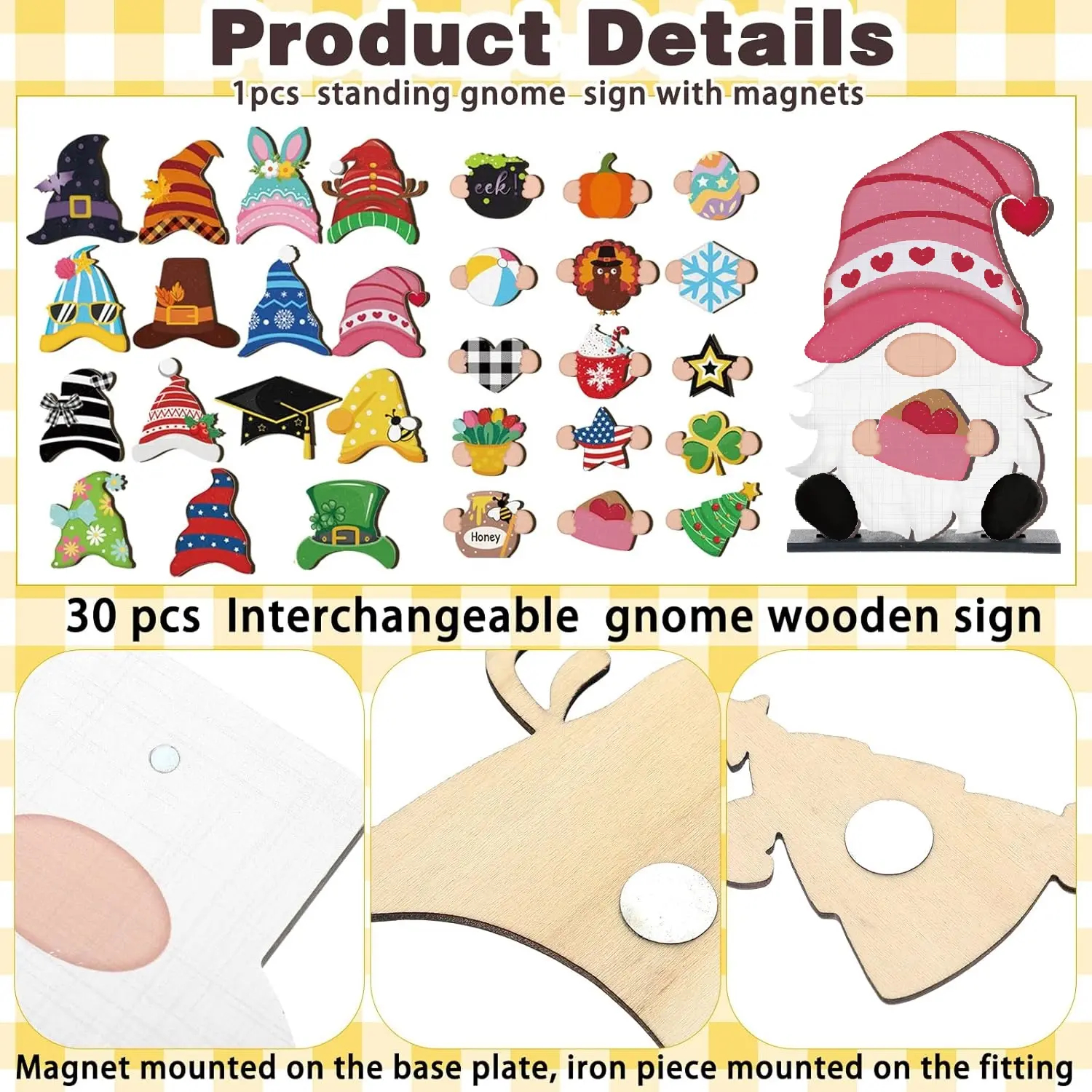 Gnome Sign Halloween Gnome Interchangeable Desk Decor with Magnet Accessories Gnome Wooden Sign for Summer Holiday Seasonal Halloween Christmas Party Office Home Living Room Gift for Gnome Lovers, Halloween Gift