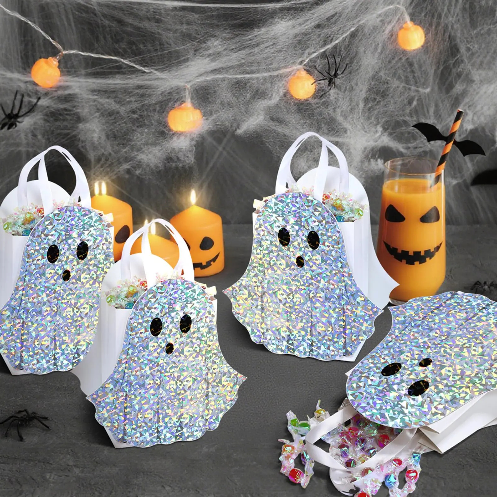 12/24 Pcs Halloween Ghost Candy Bags Paper Gift Bags with Handle Trick or Treat Bags with Cute Ghost Pastel Pink White Holographic Pattern, Snack Goodie Bags for Kids Adults Students Teachers, Halloween Birthday Baby Shower Classroom Party Favors Supplies