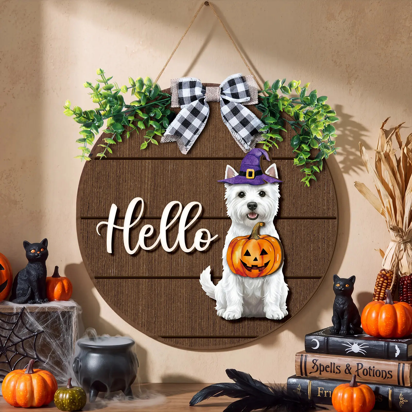 Halloween Cat Sign Interchangeable Welcome Sign Cute Cat and Dog Season Hanging Decor with Magnetic Detachable Hats Round Hanger for Home Wall Garden Porch Door, Housewarming Gift, Gift for Animal Cat Lover