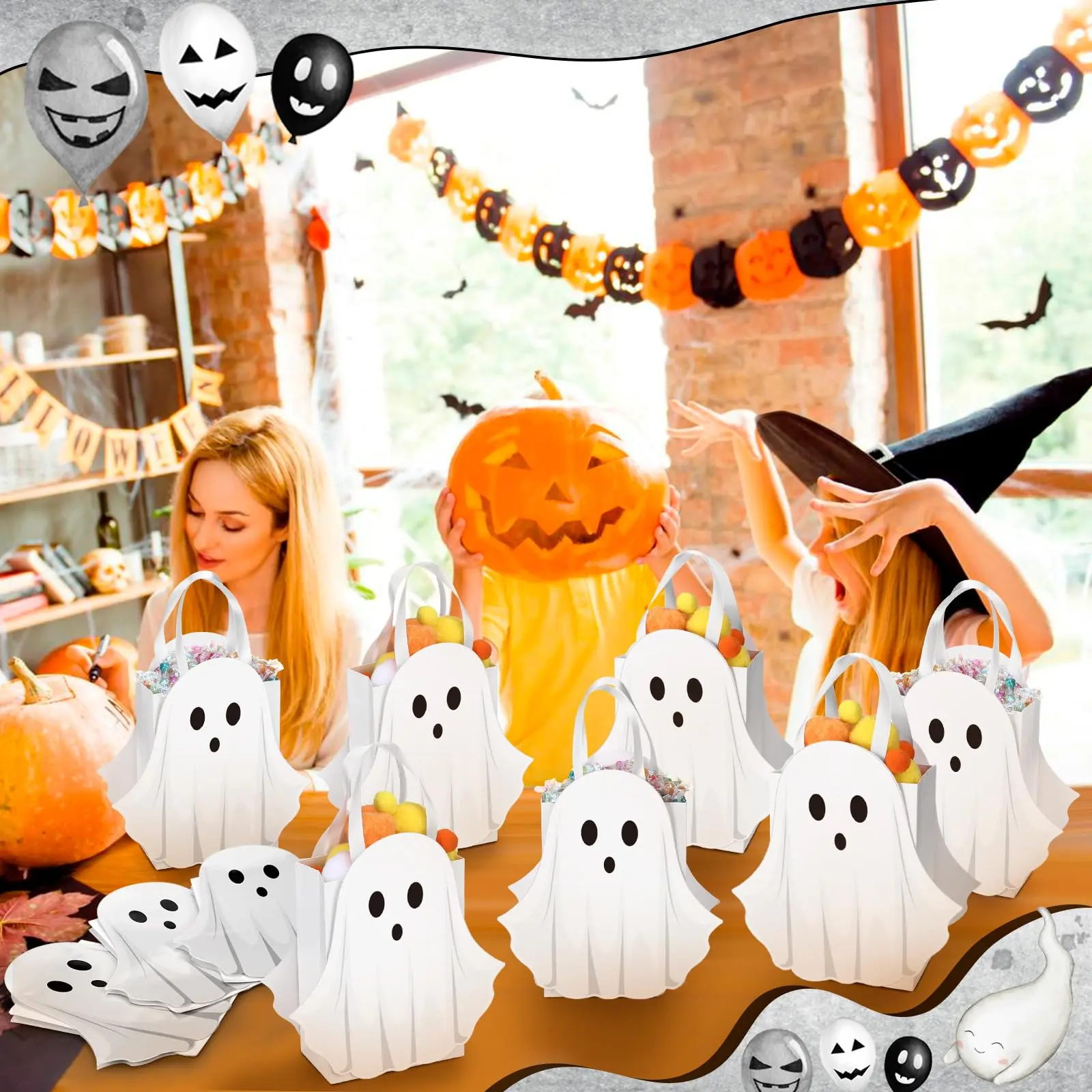 12/24 Pcs Halloween Ghost Candy Bags Paper Gift Bags with Handle Trick or Treat Bags with Cute Ghost Pastel Pink White Holographic Pattern, Snack Goodie Bags for Kids Adults Students Teachers, Halloween Birthday Baby Shower Classroom Party Favors Supplies