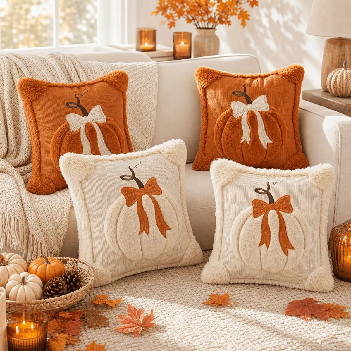 2-Pack Square 3D Jacquard Pumpkin Bow Cushion Covers, 18x18 in Home Replacement Options for Thanksgiving Farmhouse Decor (Covers Only)