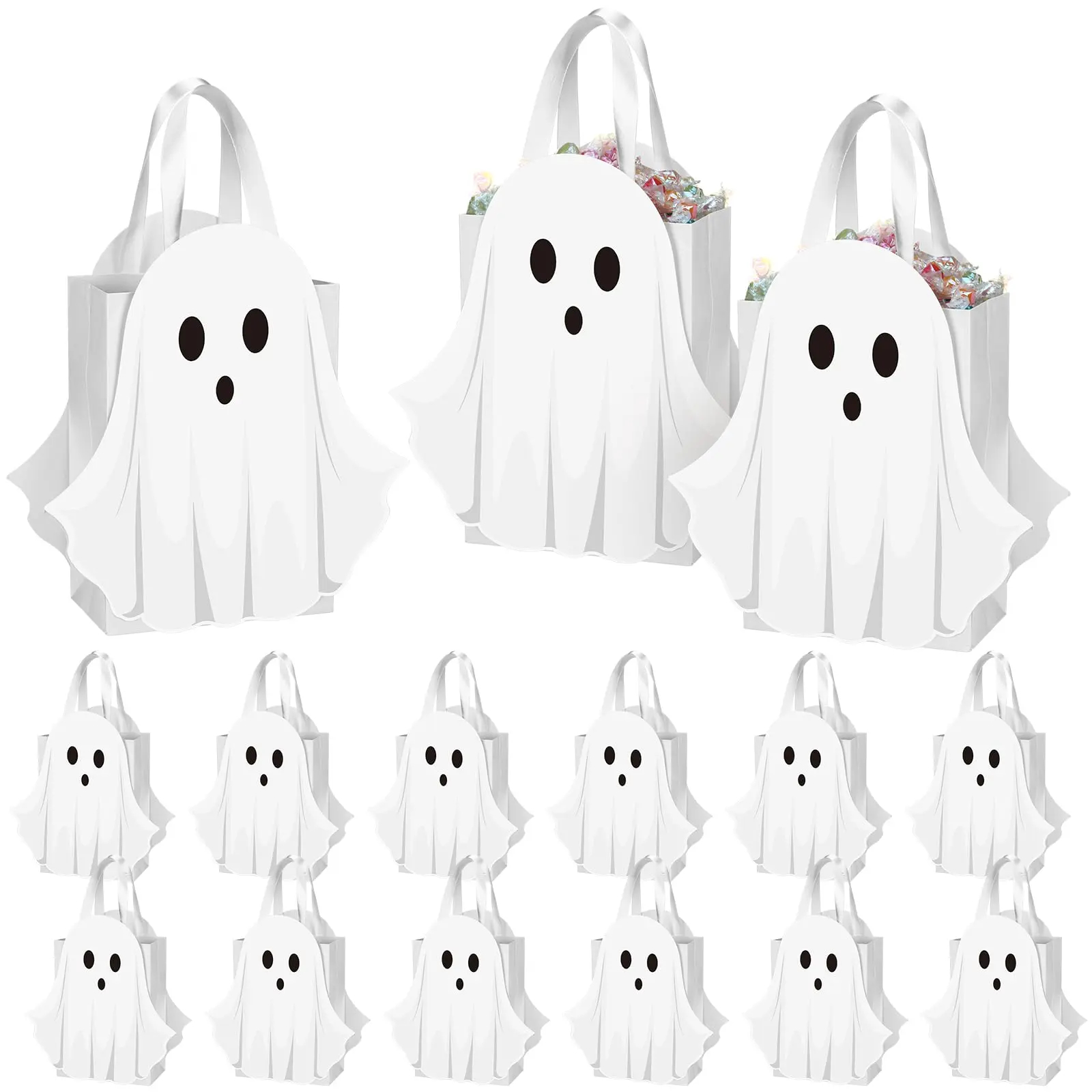 12/24 Pcs Halloween Ghost Candy Bags Paper Gift Bags with Handle Trick or Treat Bags with Cute Ghost Pastel Pink White Holographic Pattern, Snack Goodie Bags for Kids Adults Students Teachers, Halloween Birthday Baby Shower Classroom Party Favors Supplies