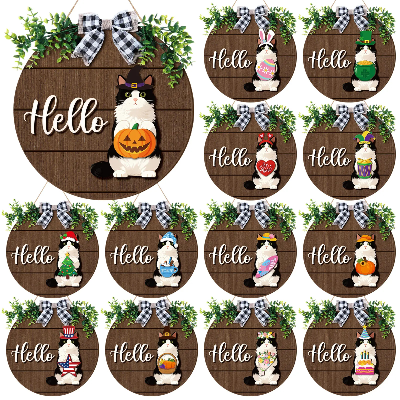 Halloween Cat Sign Interchangeable Welcome Sign Cute Cat and Dog Season Hanging Decor with Magnetic Detachable Hats Round Hanger for Home Wall Garden Porch Door, Housewarming Gift, Gift for Animal Cat Lover