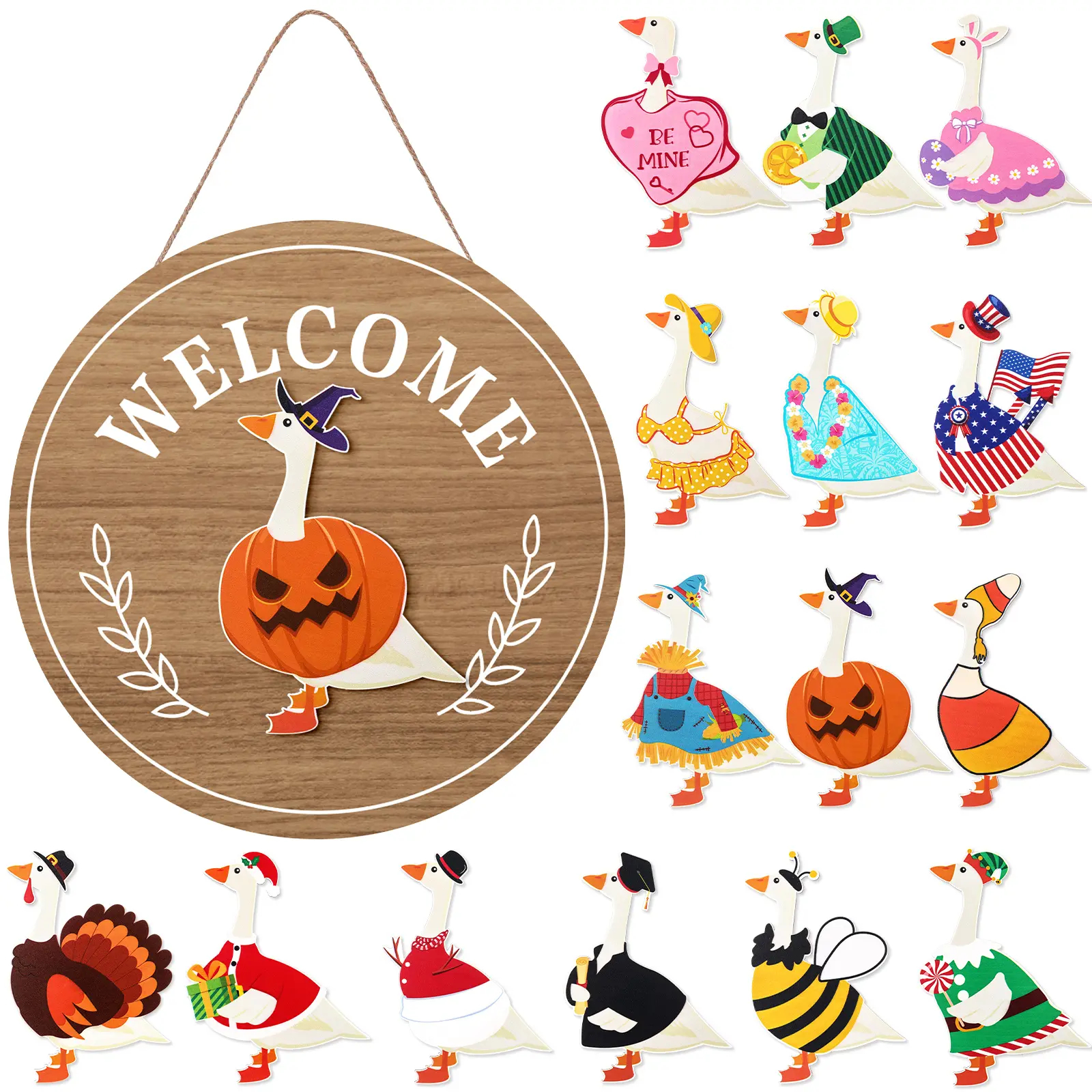 Magnetic Interchangeable Goose Sign - Rustic Farmhouse Wooden Welcome Decor, Halloween Things for Front Door Porch Accessories, House Decor Entryway Hanging Housewarming Gift, Wall Hanging