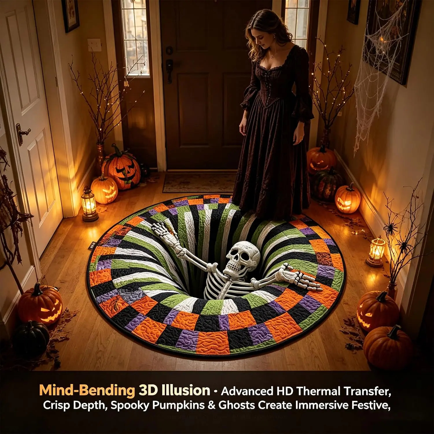 Halloween 3D Skeleton Vortex Optical Illusion Round Rug, Multi-Size A1:16" Quilted Mat - Soft Non-Slip Fabric Indoor Halloween Decor, Living Room Decorations for Home Use