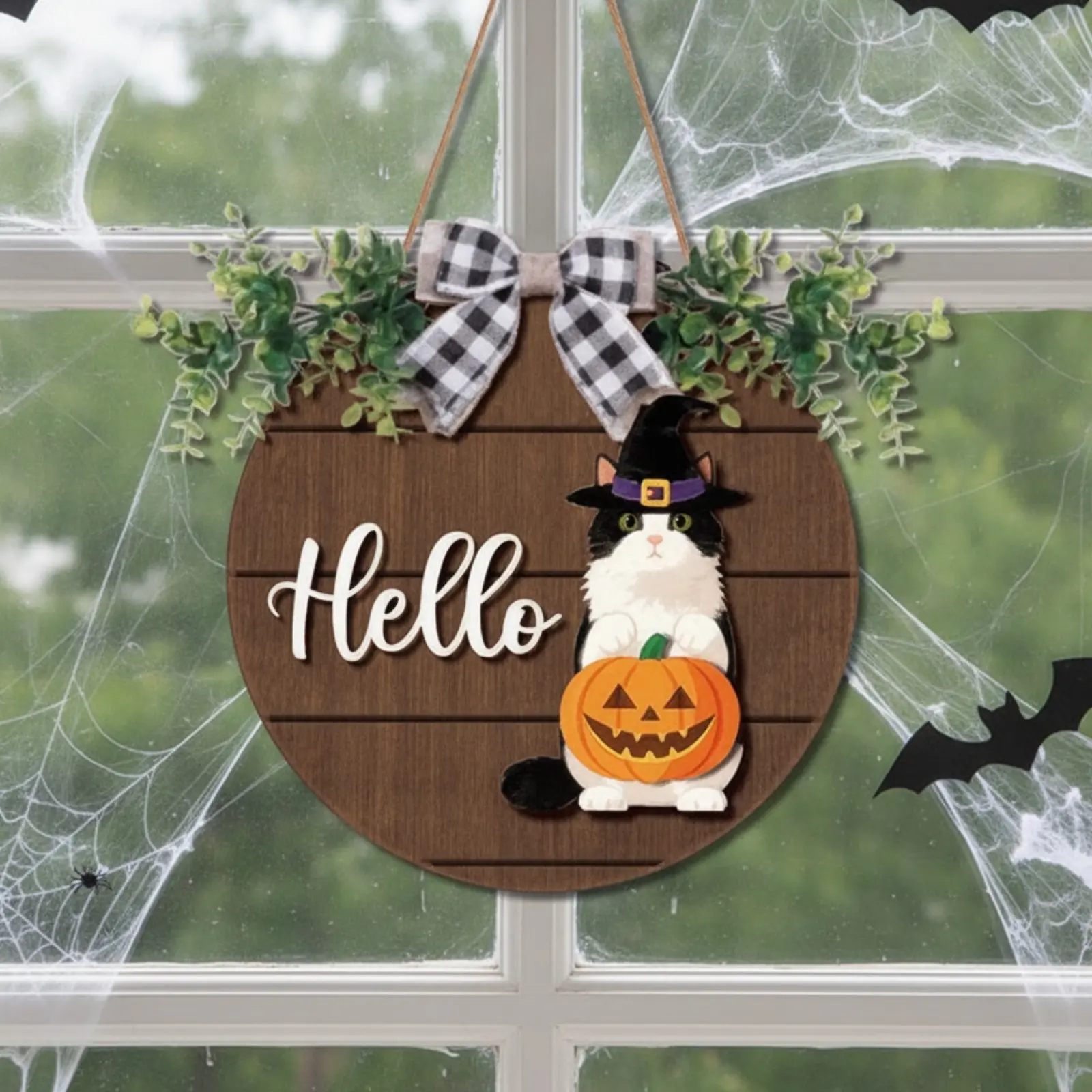 Halloween Cat Sign Interchangeable Welcome Sign Cute Cat and Dog Season Hanging Decor with Magnetic Detachable Hats Round Hanger for Home Wall Garden Porch Door, Housewarming Gift, Gift for Animal Cat Lover