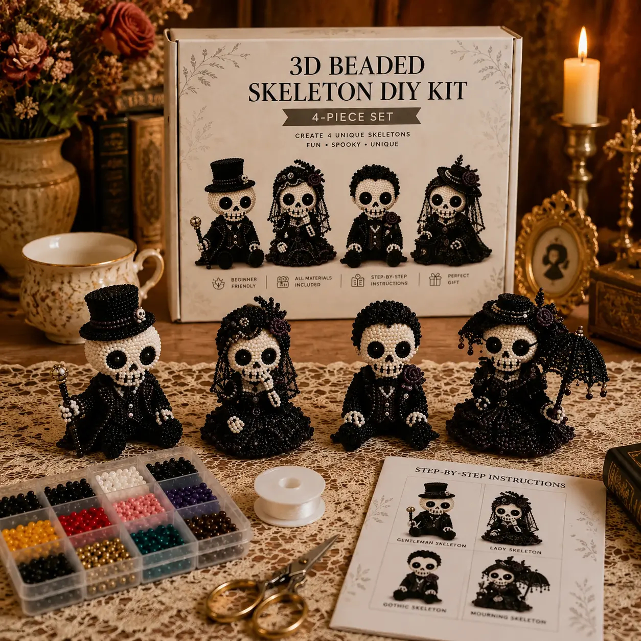 Unisex 3D Beaded Skeleton DIY Kit - 4-Piece Halloween Beading Set with Step-by-Step Instructions, Beginner-Friendly Goth Decor Gift for Adults