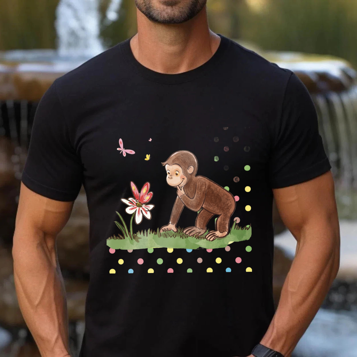 Casual, Men's T-Shirt, Monkey And Flower Design, Spring Summer Wear, Gift For Animal Lovers