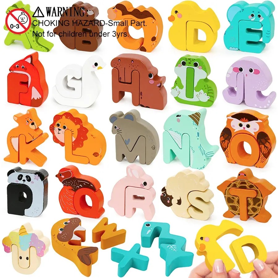 52-Piece Wooden Alphabet Animal Matching Puzzle Set for Toddlers, STEM Montessori Puzzle, ABC Peg Puzzles for Kids Ages 3-5, Preschool Learning Toy for Shape Recognition