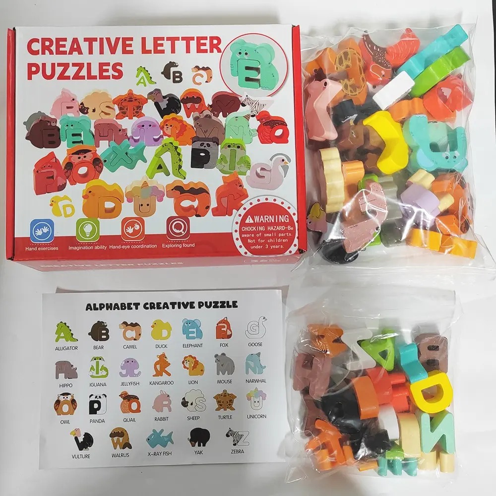 52-Piece Wooden Alphabet Animal Matching Puzzle Set for Toddlers, STEM Montessori Puzzle, ABC Peg Puzzles for Kids Ages 3-5, Preschool Learning Toy for Shape Recognition