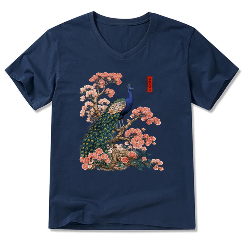 Peacock And Cherry Blossom Art T Shirt Men Women Fashion Casual Top