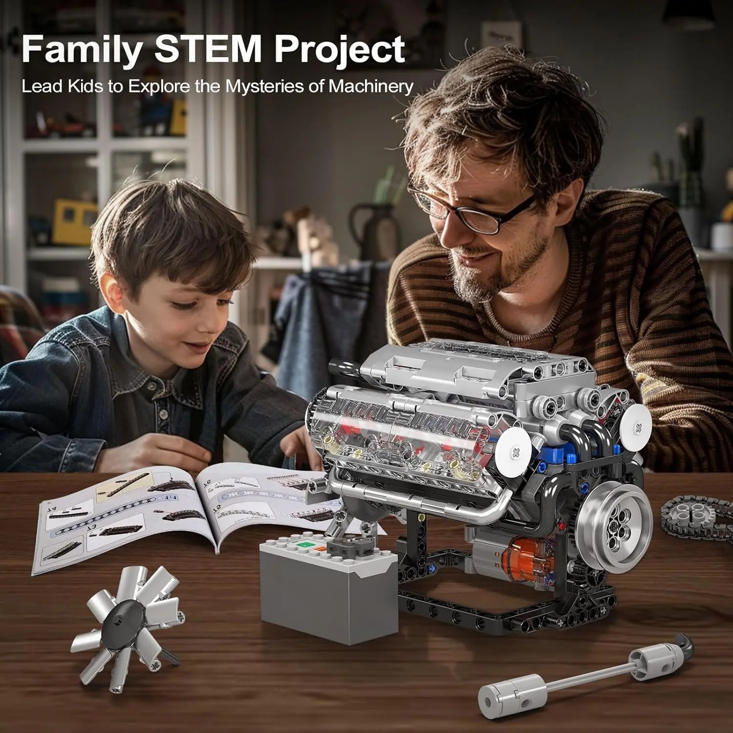 Mould King 10088 Realistic V8 Engine ABS Plastic Blocks Model Building Kit, 535-Piece DIY Engineering Craft Ideas, 7.6x5x5in Open Ended Play STEM Project, Gift for 12+ Teens/Adults (Father's Day/Birthday)