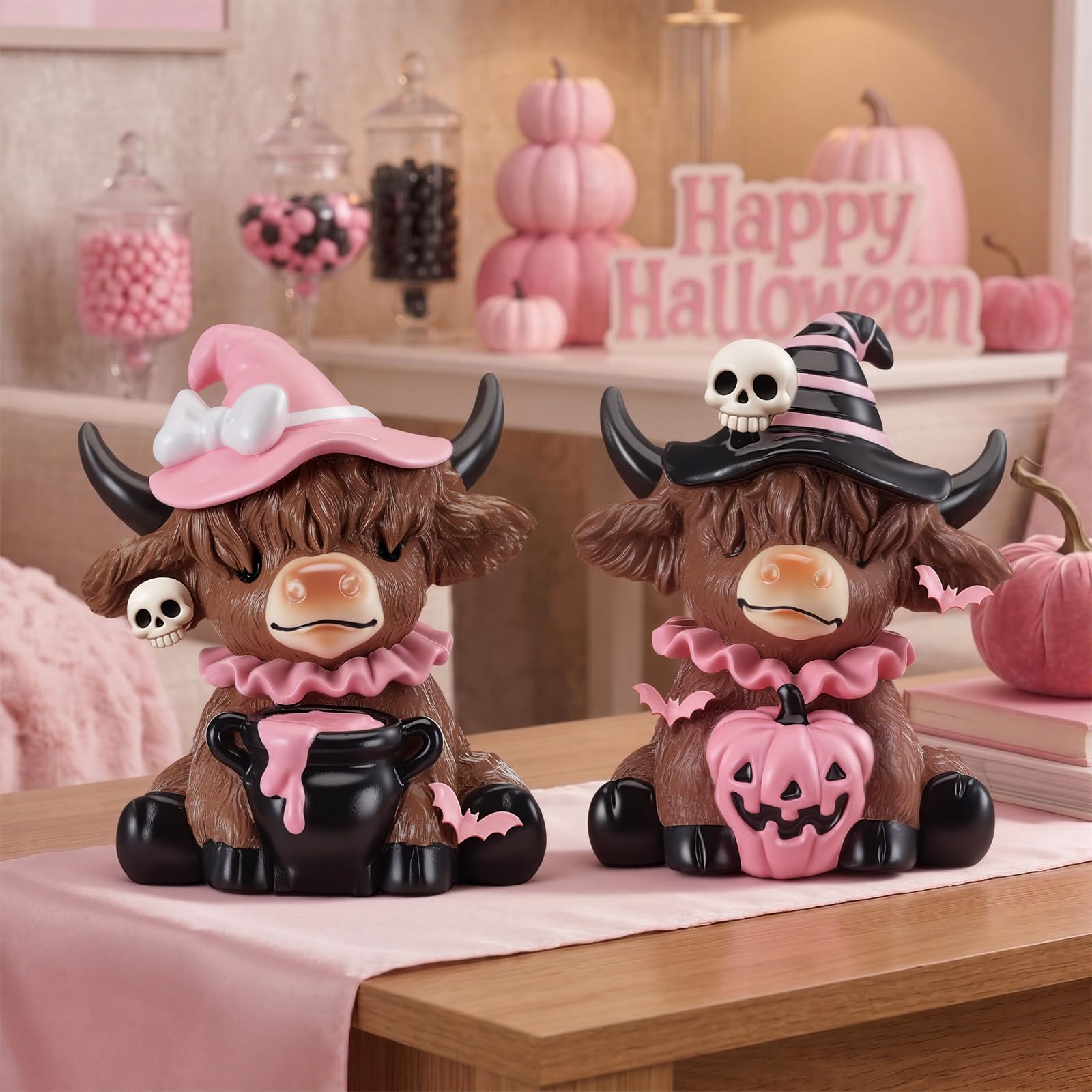 Gejoy Halloween Highland Cow Statue Fall Cattle Figures 3D Highland Cattle Ornament Halloween Gift Christmas Gift Cute Decoration for Home, Halloween Party Season Decor, Housewarming Gift, Bathroom Decor, 2/3pcs