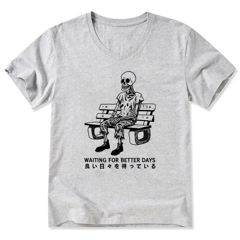 Waiting For Better Days Skeleton On Bench T Shirt Men Women Graphic Tee