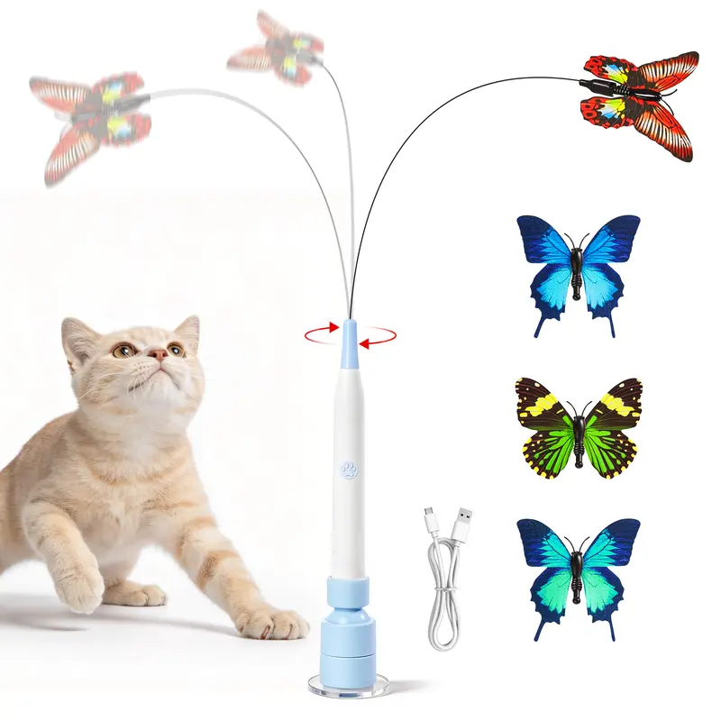 Butterfly Shape Spinning Cat Interactive Toy - Rechargeable Electric Touch-Activated, Detachable Wand, Elastic Wire (Resists Bending), 360° Spin (Mimics Flutter), Suction Cup, Auto Play & Handheld Modes for Indoor Cats