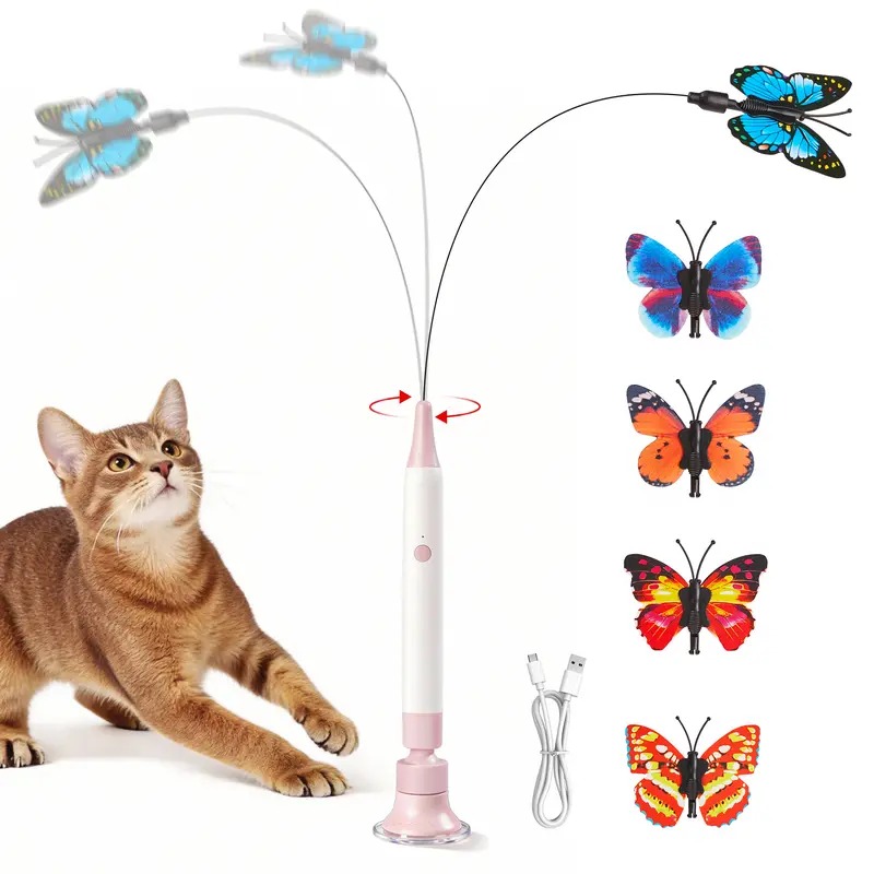 Butterfly Shape Spinning Cat Interactive Toy - Rechargeable Electric Touch-Activated, Detachable Wand, Elastic Wire (Resists Bending), 360° Spin (Mimics Flutter), Suction Cup, Auto Play & Handheld Modes for Indoor Cats