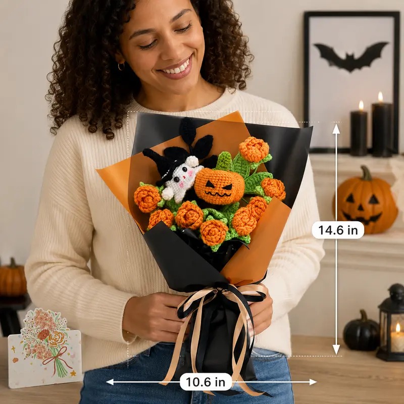 Handmade Crochet Flowers Bouquet Halloween Gift Pumpkin Ghost Bouquet Halloween Decor Gift for Her Friend Gift Forever Flowers Handmade Halloween Decoration