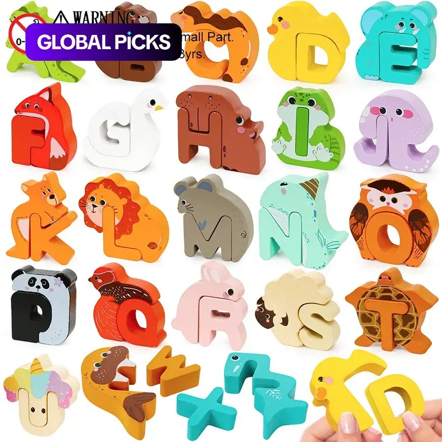 52-Piece Wooden Alphabet Animal Matching Puzzle Set for Toddlers, STEM Montessori Puzzle, ABC Peg Puzzles for Kids Ages 3-5, Preschool Learning Toy for Shape Recognition