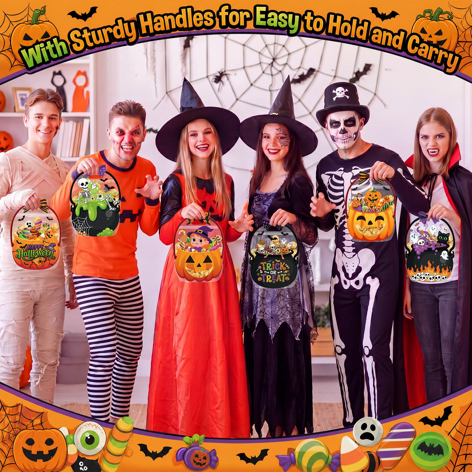 24/50 Pcs Halloween Goodie Bags Plastic Candy Bag Trick or Treat Bags with Cauldron Skeleton black Cat Skull Pumpkin Design,Treat Bags for Student Teacher Colleagues Neighbors,Classroom Snack Storage for Halloween Birthday Party Favor Supplies