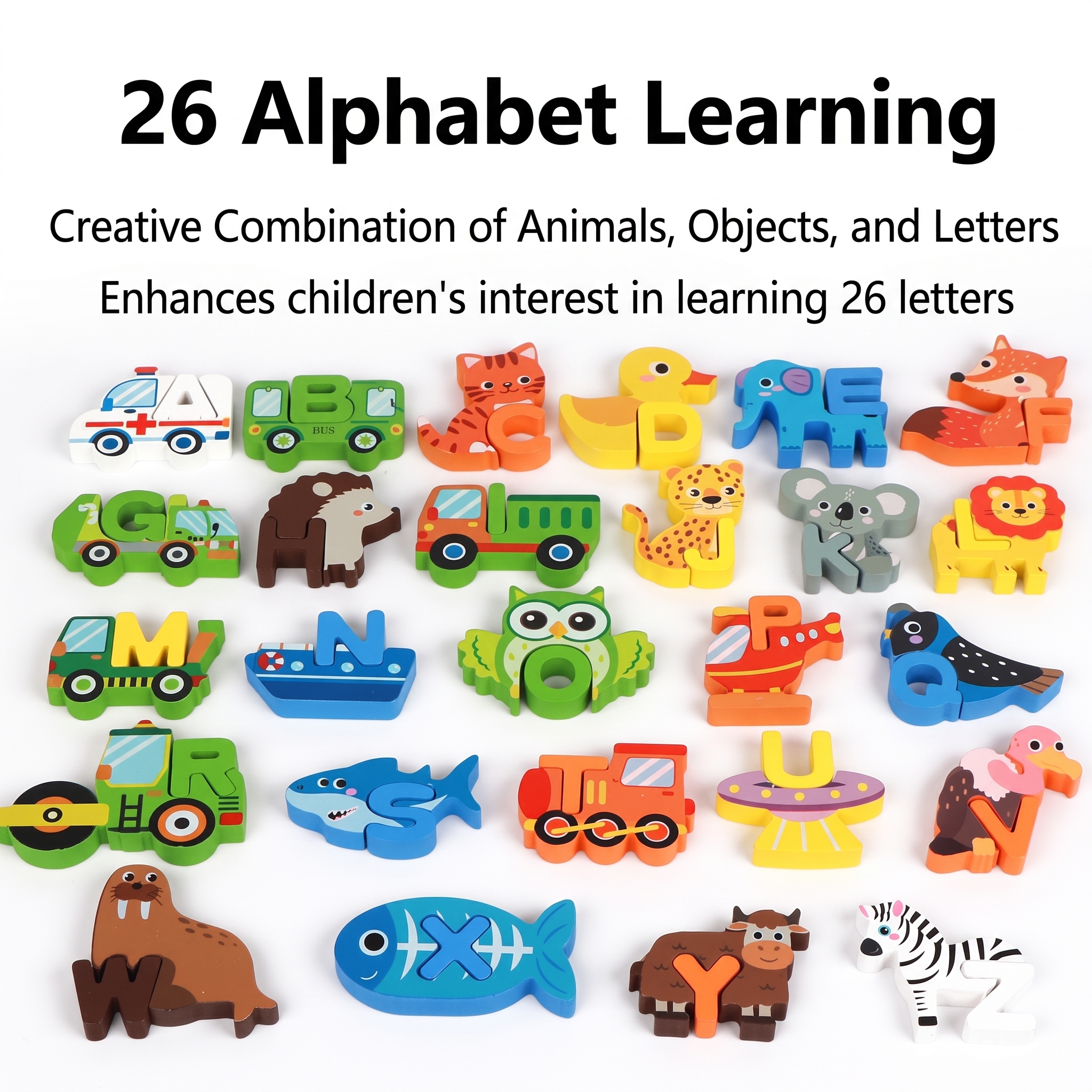 52-Piece Wooden Alphabet Animal Matching Puzzle Set for Toddlers, STEM Montessori Puzzle, ABC Peg Puzzles for Kids Ages 3-5, Preschool Learning Toy for Shape Recognition