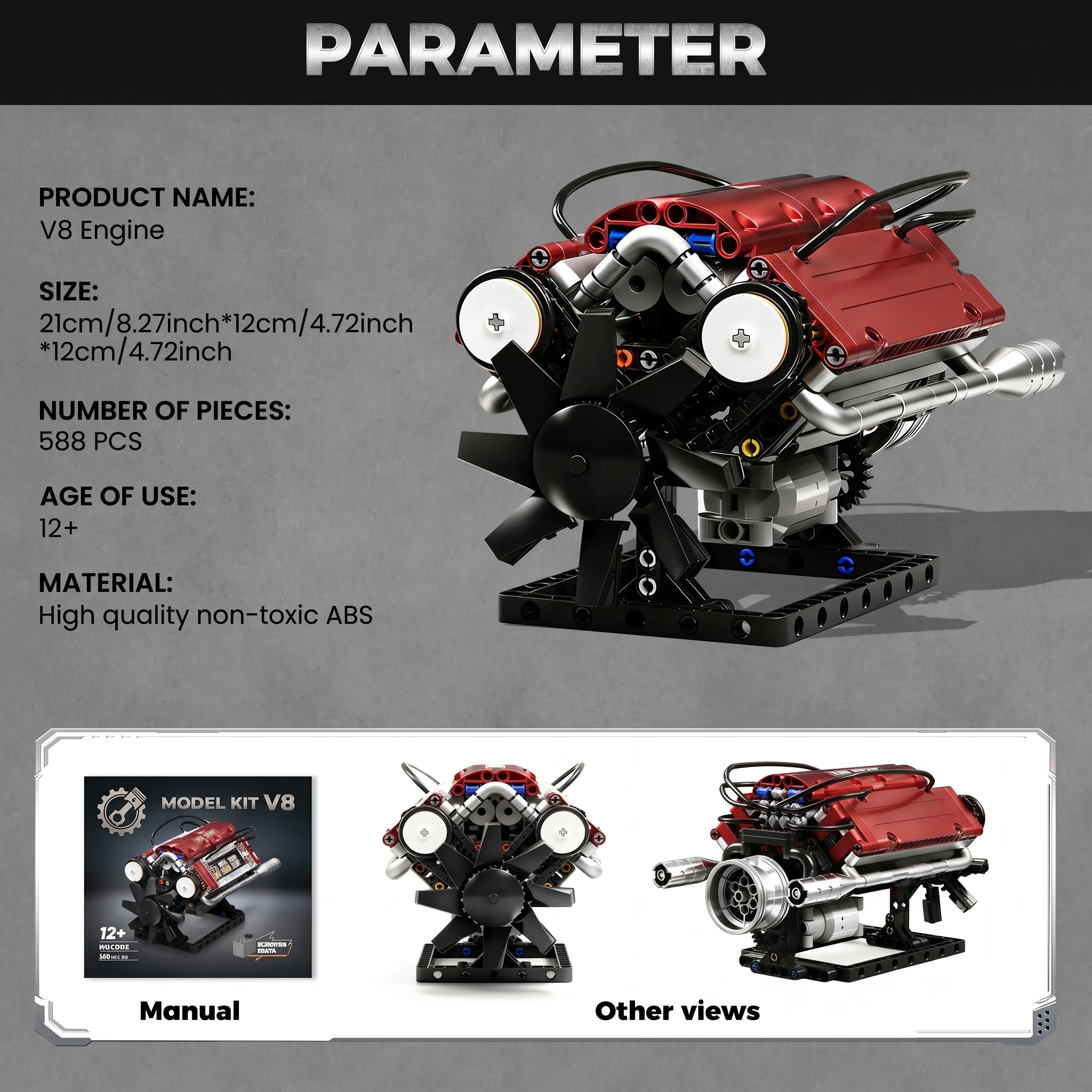 V8 Engine Model Kit, Buildable Blocks Kit with Moving Parts, Collectible Construction Set for Hands-On Learning, Ages 5+ Desktop Toy Gift for Car Lovers (Requires Assembly)