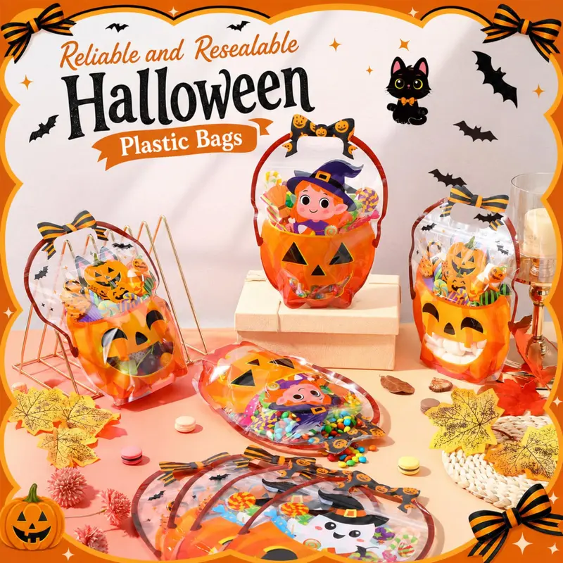 24/50 Pcs Halloween Goodie Bags Plastic Candy Bag Trick or Treat Bags with Cauldron Skeleton black Cat Skull Pumpkin Design,Treat Bags for Student Teacher Colleagues Neighbors,Classroom Snack Storage for Halloween Birthday Party Favor Supplies