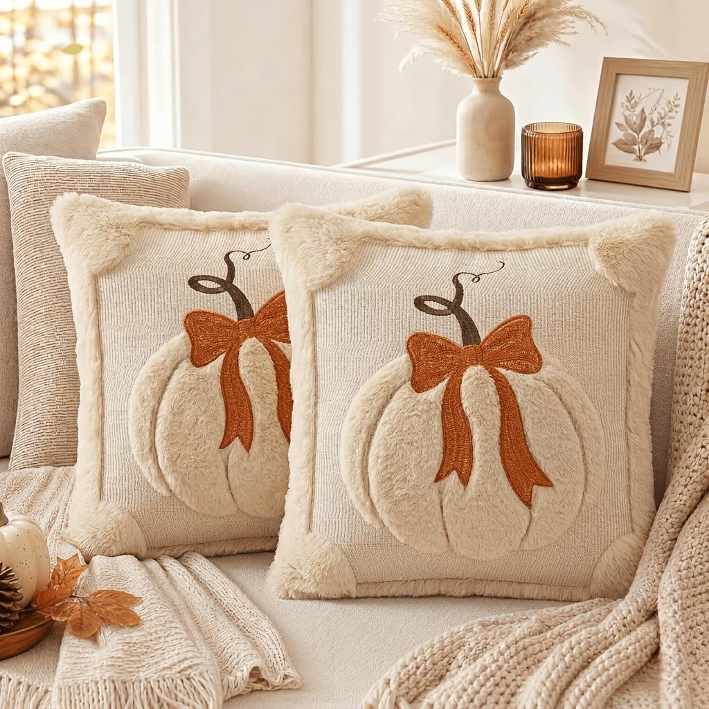 2-Pack Square 3D Jacquard Pumpkin Bow Cushion Covers, 18x18 in Home Replacement Options for Thanksgiving Farmhouse Decor (Covers Only)
