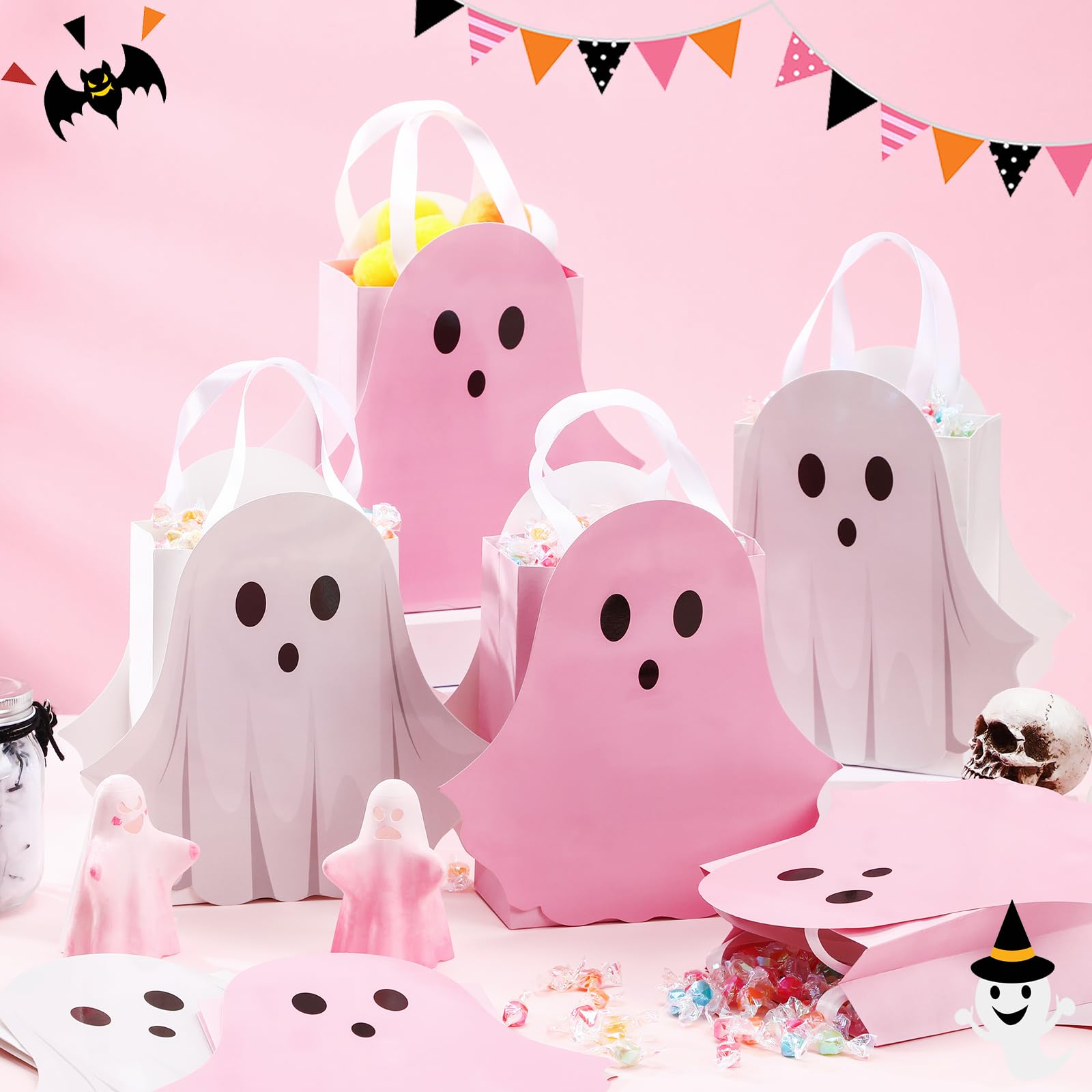 12/24 Pcs Halloween Ghost Candy Bags Paper Gift Bags with Handle Trick or Treat Bags with Cute Ghost Pastel Pink White Holographic Pattern, Snack Goodie Bags for Kids Adults Students Teachers, Halloween Birthday Baby Shower Classroom Party Favors Supplies