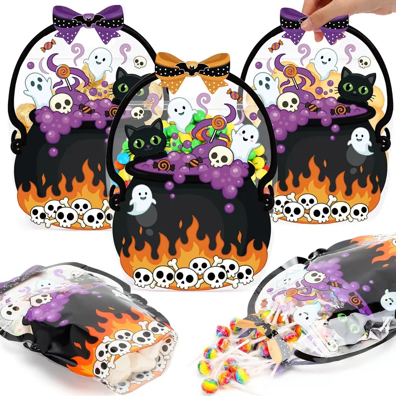 24/50 Pcs Halloween Goodie Bags Plastic Candy Bag Trick or Treat Bags with Cauldron Skeleton black Cat Skull Pumpkin Design,Treat Bags for Student Teacher Colleagues Neighbors,Classroom Snack Storage for Halloween Birthday Party Favor Supplies