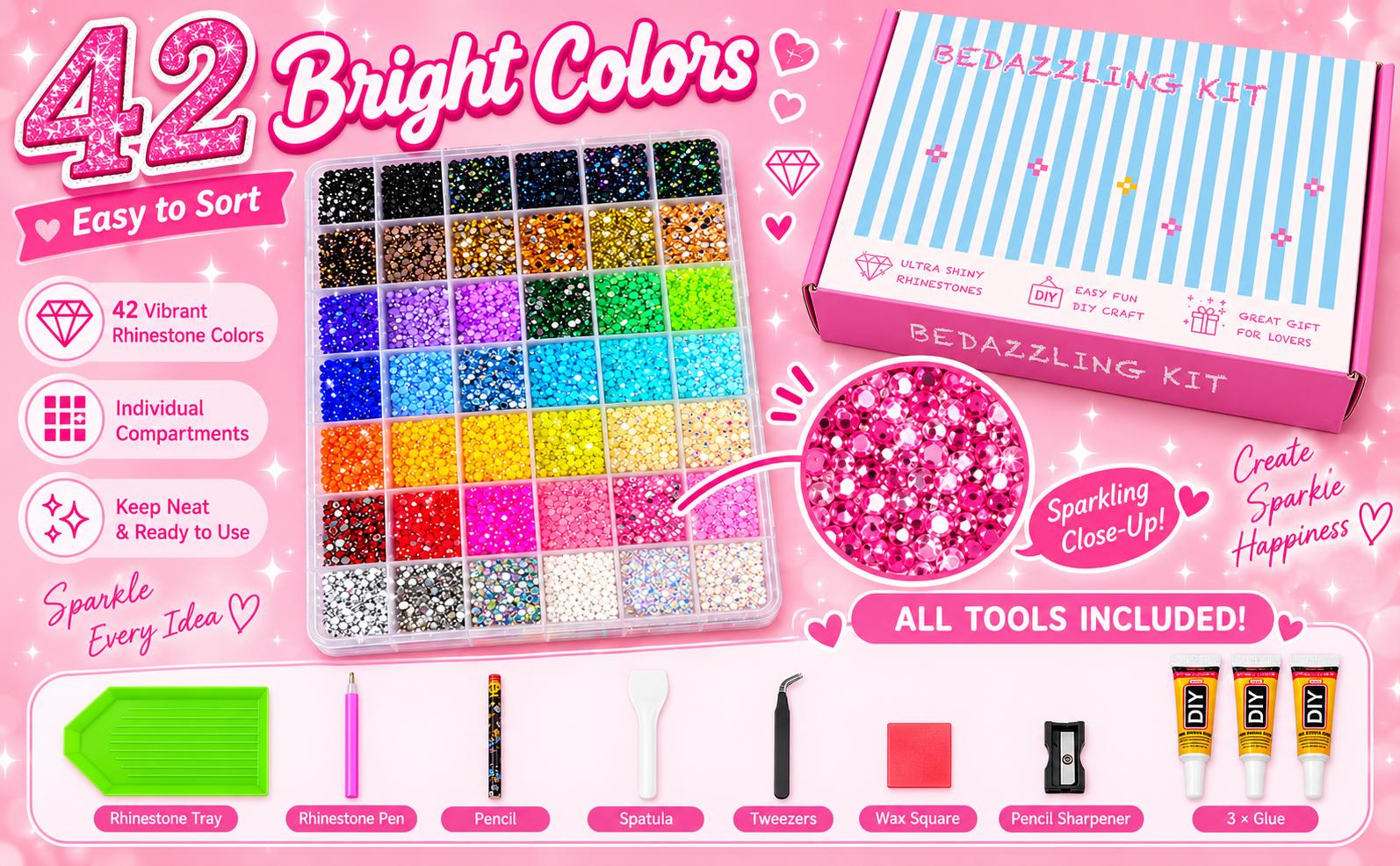 42000Pcs 42Colors 3mm Round Glitter Rhinestones Bedazzling Multi-Pack Kit - Nail Tech Supplies, Sufficient Quantity for Nail Art, DIY Crafts, Ultimate Creative Gift for Her,my bedazzles item,sohochic,bedazzler kit with rhinestones,sparkles,sohochic