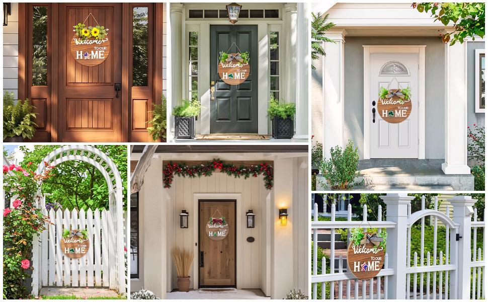 All-Season Front Door Decoration, Wooden Welcome Sign 12x12 Inch Round Hanging Wreath for Porch, Entryway, and Home Wall Decor, Mothers' Day Halloween Christmas Decor