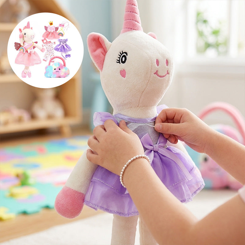 Child enjoying dress-up play with the ballerina unicorn plush