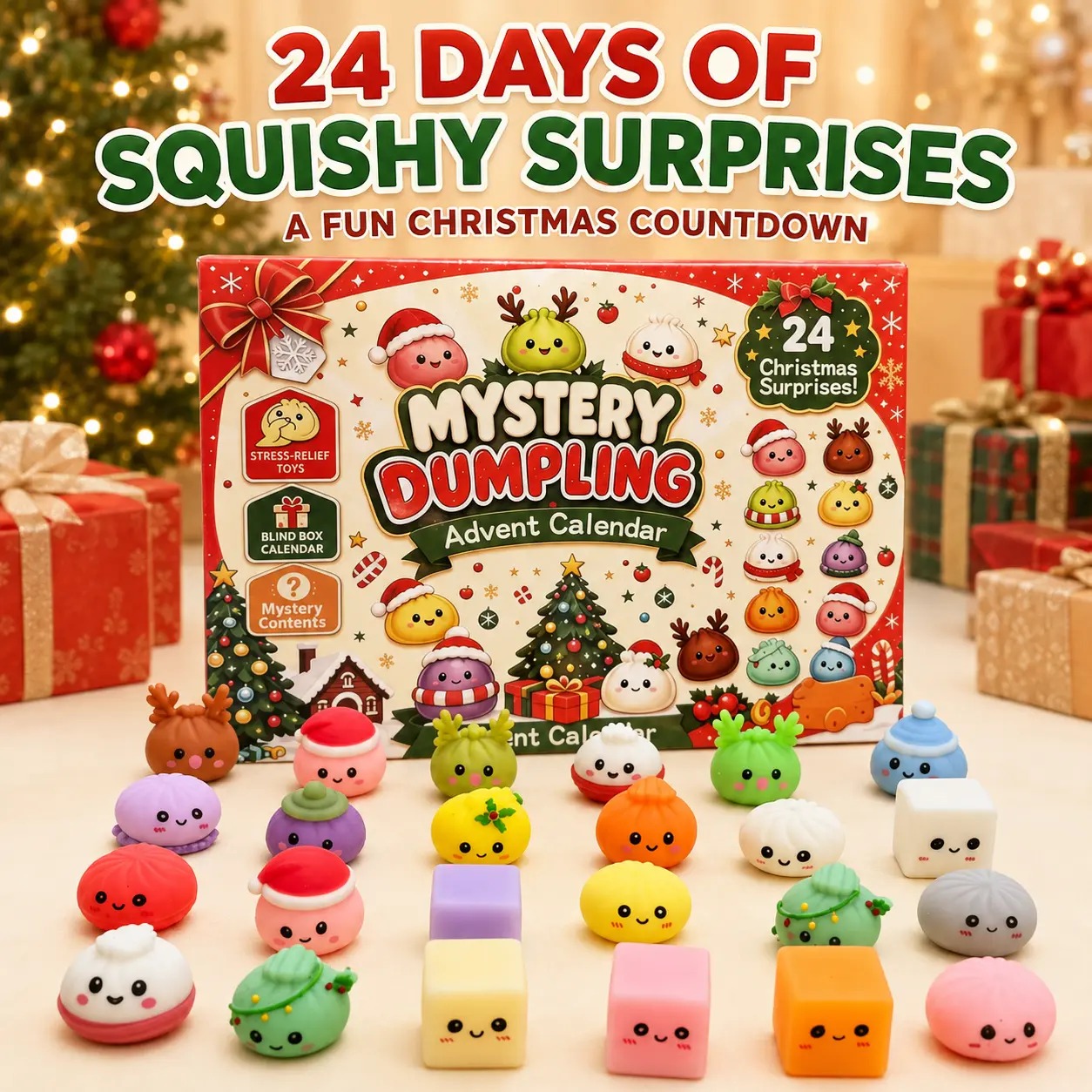 Christmas Mini Squishies Advent Calendar 2026, 24-Day Dumpling Squishy Toy Countdown Calendar with Glitter Squeeze Toys, Holiday Gift for Kids