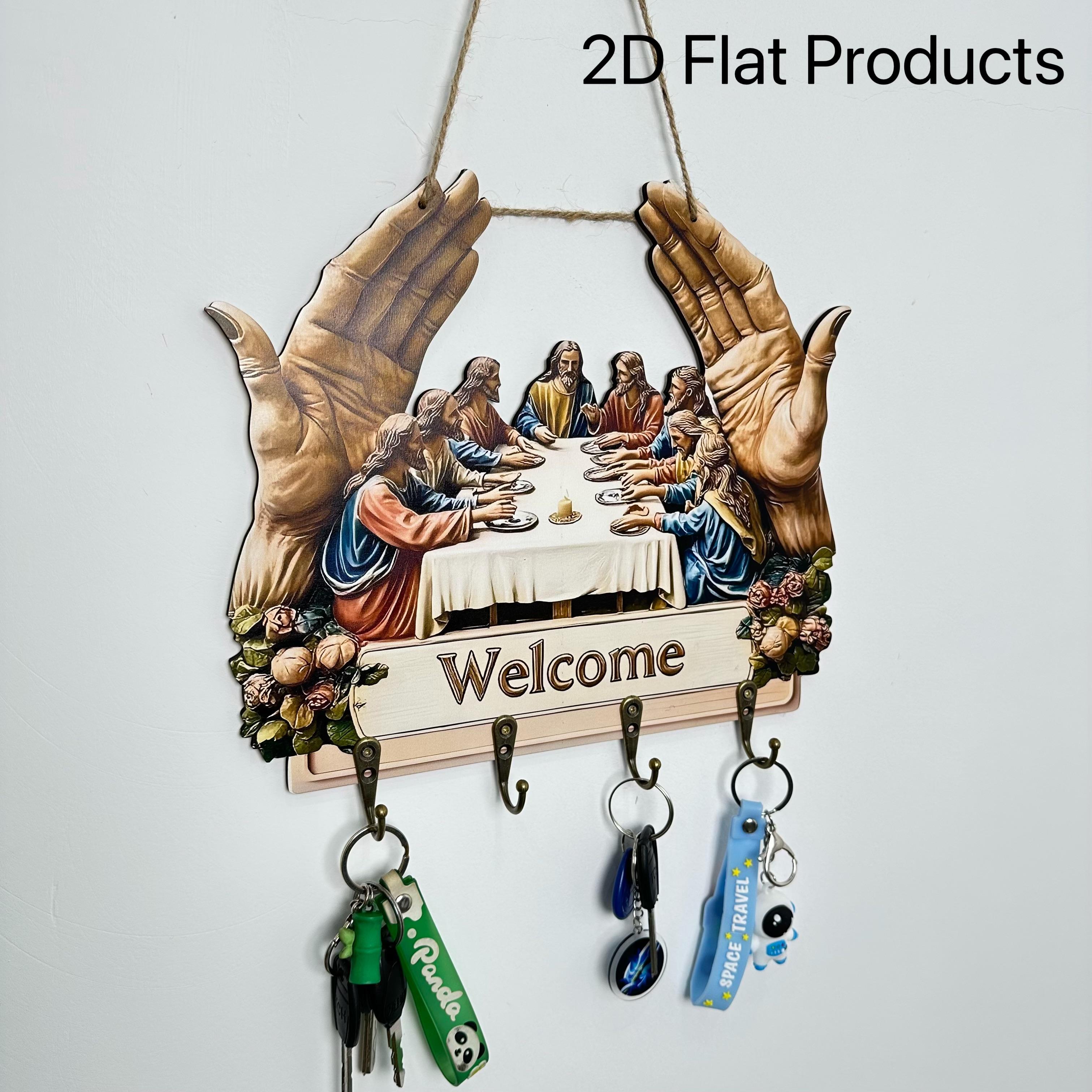 Flat Jesus and Disciples Wall Art Keychain 1 Piece Pack, Exquisite Religious Design with Four Metal Hooks, 10.4"x11.8" Artificial Wood & Metal Frame, Porch Welcome Sign, Farmhouse Style Seasonal Home Decor, Intricate Craftsmanship,gift Father's Day Gift s