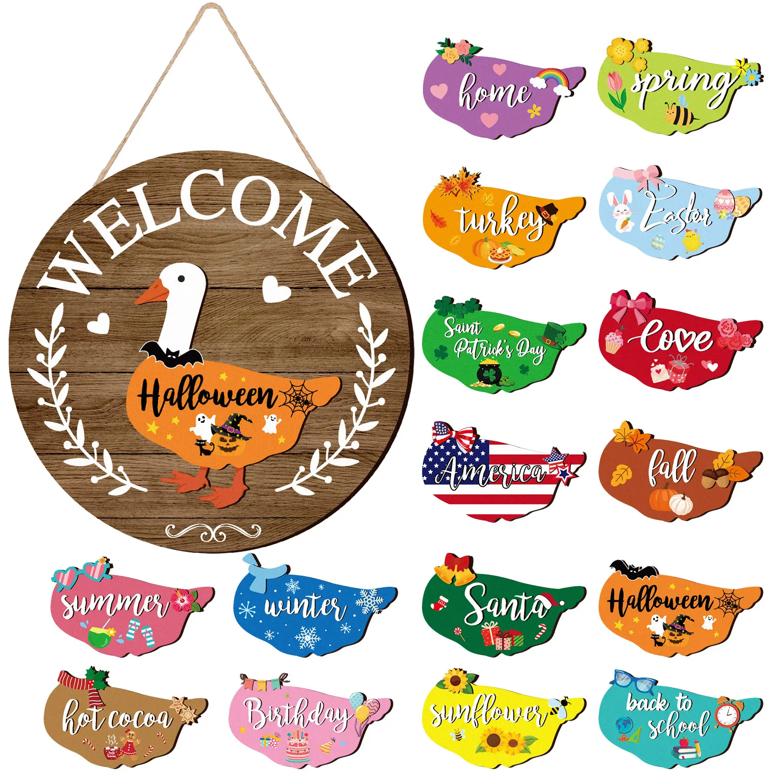 Magnetic Interchangeable Goose Sign - Rustic Farmhouse Wooden Welcome Decor, Halloween Things for Front Door Porch Accessories, House Decor Entryway Hanging Housewarming Gift, Wall Hanging