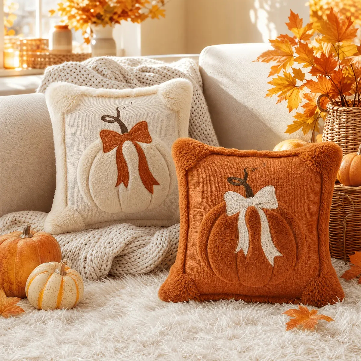 2-Pack Square 3D Jacquard Pumpkin Bow Cushion Covers, 18x18 in Home Replacement Options for Thanksgiving Farmhouse Decor (Covers Only)