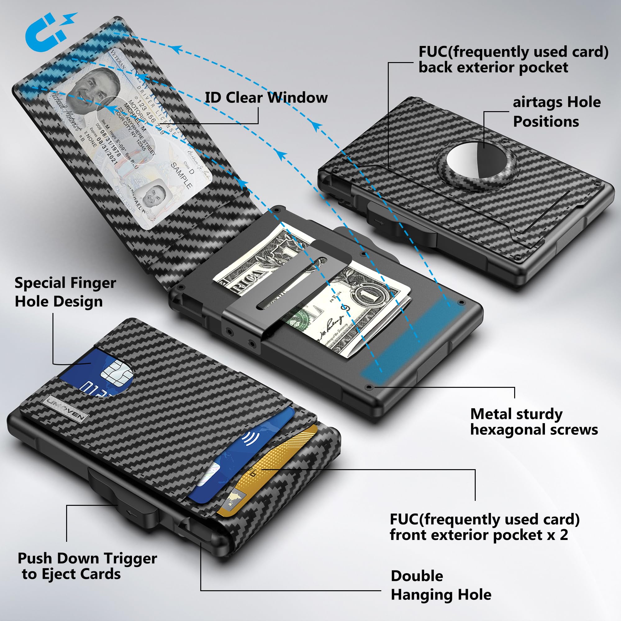 AirTag Wallet for Men - with Pop Up Aluminum Case Money Clip Slim Leather Slots Credit Card Holder RFID Blocking Bifold Minimalist Wallet with Gift Box (Carbon Fiber)