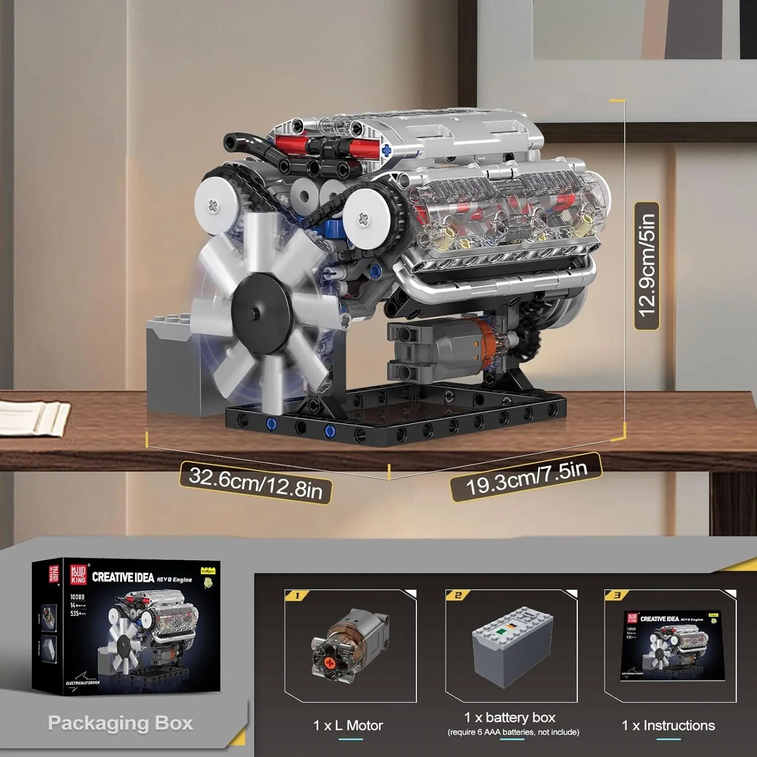 Mould King 10088 Realistic V8 Engine ABS Plastic Blocks Model Building Kit, 535-Piece DIY Engineering Craft Ideas, 7.6x5x5in Open Ended Play STEM Project, Gift for 12+ Teens/Adults (Father's Day/Birthday)