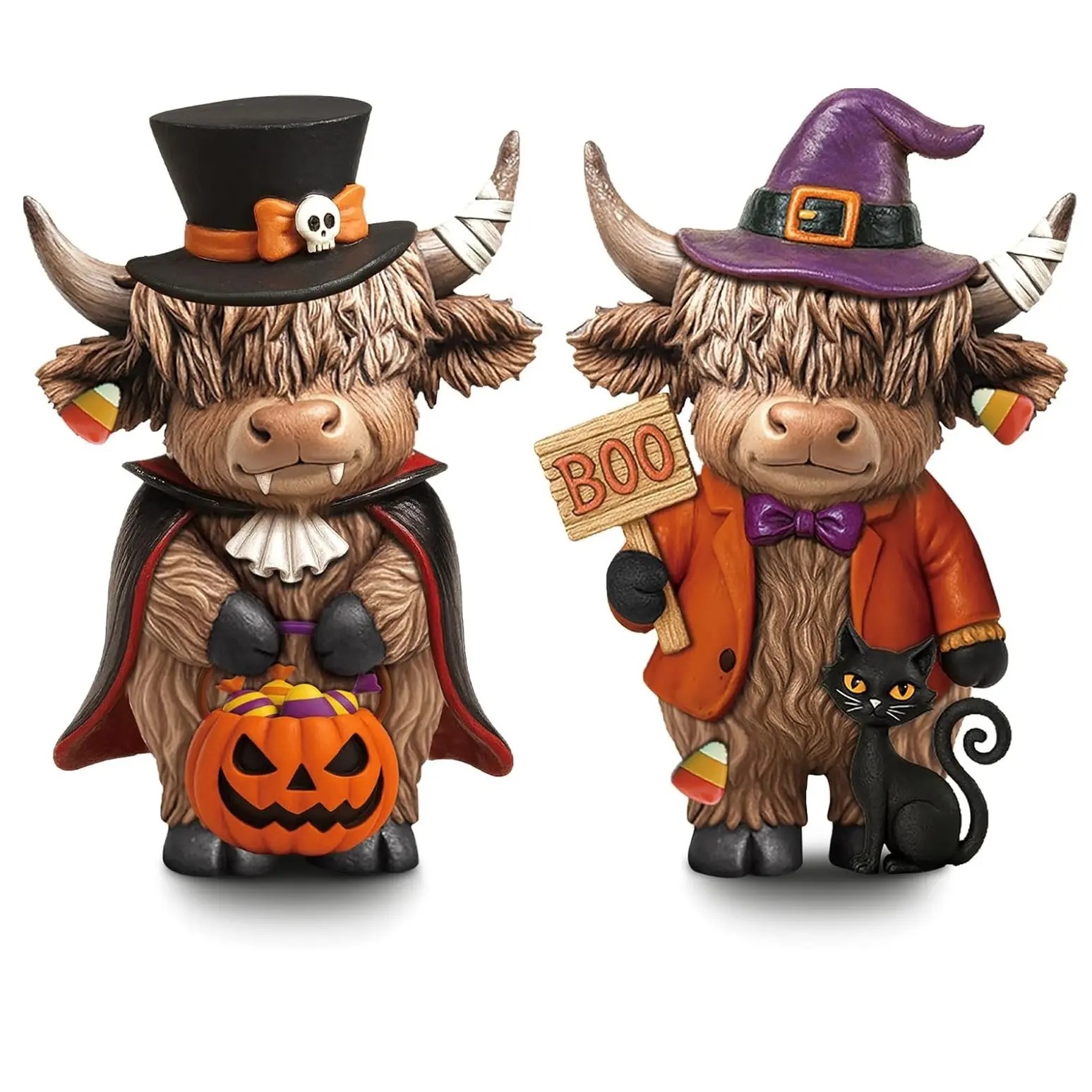 Halloween Highland Cow Statue Fall Cattle Figures 3D Highland Cattle Ornament Halloween Gift Christmas Gift Cute Decoration for Home, Halloween Party Season Decor, Housewarming Gift, Bathroom Decor, 2/3pcs